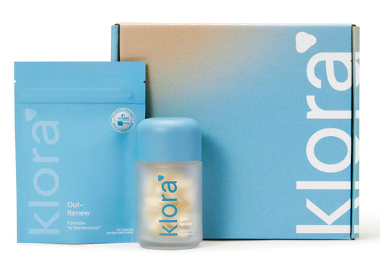 Klora Gut-Renew monthly subscription box with prebiotic and postbiotic capsules for gut health