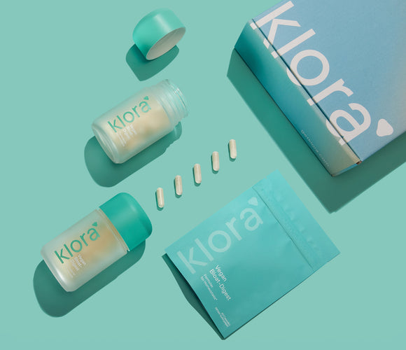 klora vegan bloat-digest subscription box with refillable jar and pill back