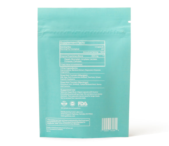 Back of Klora vegan Bloat-Digest enzyme pill pack