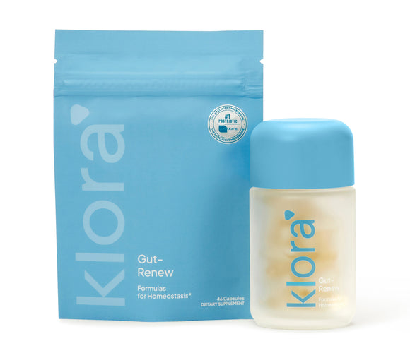 Klora Gut-Renew prebiotic and postbiotic gut health formula jar with capsules and refill pill pack