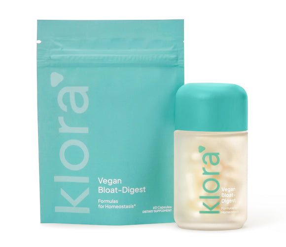 klora bloat-digest vegan enzyme formula pill pack and refillable jar with capsules