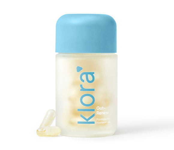 Klora Gut-Renew prebiotic and postbiotic gut health formula jar with capsules